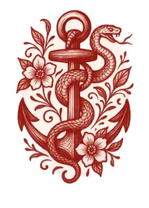 tattoovorlage-anker-umwunden-von-einer-schlange-mit-floralen-akzenten