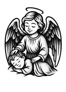 tattoovorlage-engel-mit-kind-schutz-schwarz-weiss