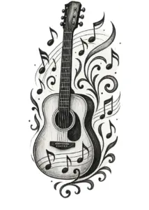 tattoovorlage-kunstvolle-gitarre-mit-noten-und-schwungvollen-linien