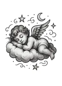 tattoovorlage-schlafender-engel-auf-wolke-mit-sternen